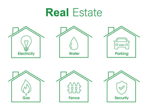 real estate icon set electricity, water, parking, gas, fence, security vector illustration 