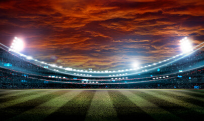 Fototapeta na wymiar Full night football arena in lights. lights at night and stadium 3D rendering.