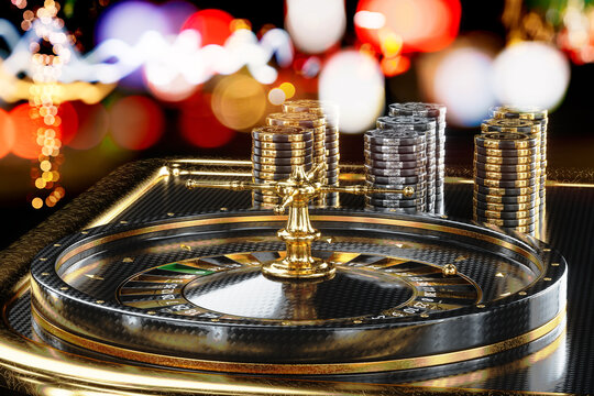 American roulette table and stacks in a casino. Creative casino template, background design, addiction, header for website. 3D illustration, 3D render.