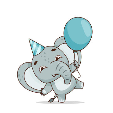 Cute elephant dancing and holding a blue balloon in his hand. Standing on one leg. Vector illustration for designs, prints and patterns.