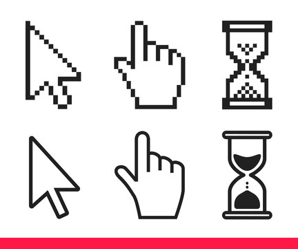 Pointer hand, arrow and hourglass loading clock mouse cursors icon sign graphic element flat style design vector illustration set. Simplistic pictogram indicator sign, endless time process idea.
