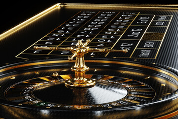 American roulette table and stacks in a casino. Creative casino template, background design, addiction, header for website. 3D illustration, 3D render.