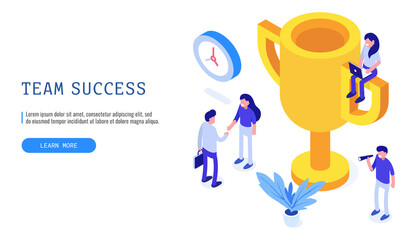 Success team concept. Happy team around the gold cup. Isometric vector web banner.
