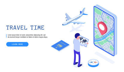 Time to travel concept. Man stands with tourist map. Isometric vector web banner.