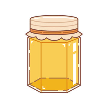 Honey in a glass hexagonal jar with paper lid. Cartoon style. Vector illustration.