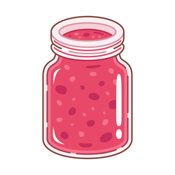 Glass jar with strawberry jam. Cartoon style. Vector illustration.