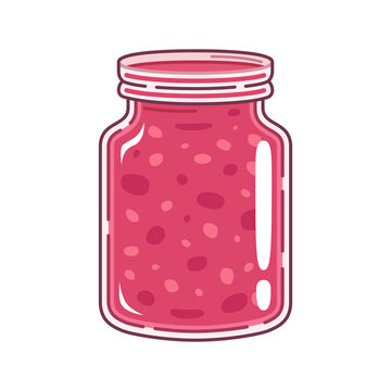Glass jar with cherry jam. Cartoon style. Vector illustration.