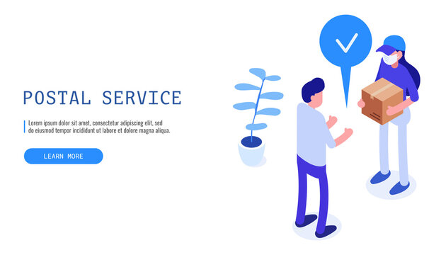 Postal service concept. Postman gives the box to the male client. Isometric vector web banner.