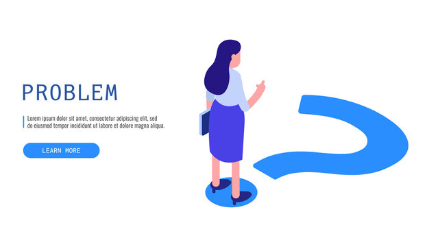 Problem concept. Woman thinking about the problem. Isometric vector web banner.