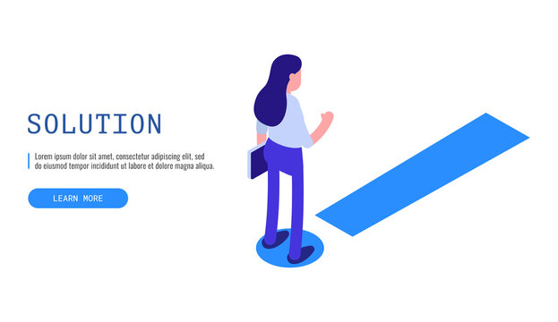 Solution concept. Woman stands in front of an exclamation mark . Isometric vector web banner.