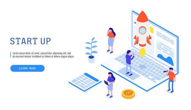Startup business design concept with rocket, laptop and business team. Startup concept. Isometric vector web banner.
