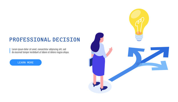 Choice process. Direction choose options, solution, decision. Woman thinking. Isometric vector web banner.