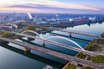 Bridges bridge over Rhine river between Kehl and Strasbourg Germany France aerial photo - obrazy, fototapety, plakaty