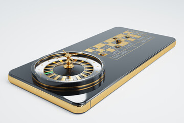 American roulette wheel on smartphone screen, online casino. The concept of gaming applications, internet games, online entertainment. 3D illustration, 3D render. Copy space.