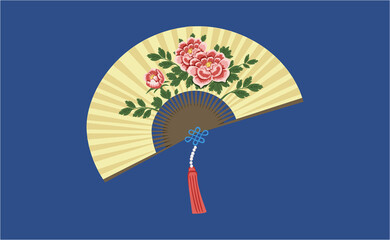 Yellow folding fan illustration with red tassels - obrazy, fototapety, plakaty