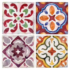 Watercolor ceramic tiles collection. Square vintage hand-drawn ornament.