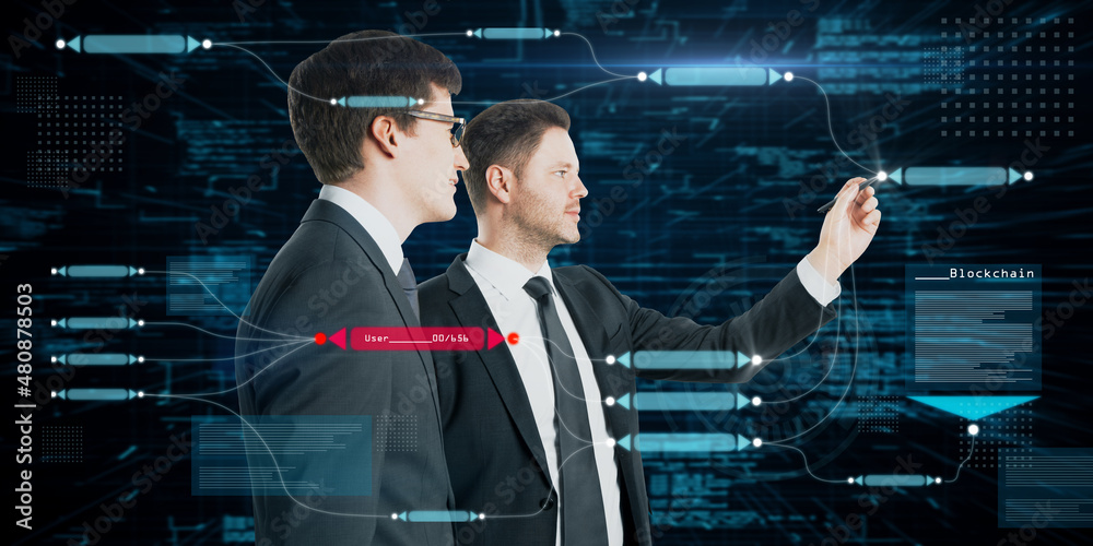 Poster Two attractive european businessmen using abstract glowing big data blockchain interface on dark background. Cryptocurrency, finance, big data and information concept. Double exposure.