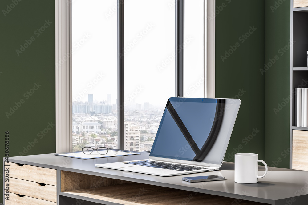 Poster Close up of empty laptop with reflections on office desktop with coffee cup and city view. 3D Rendering.