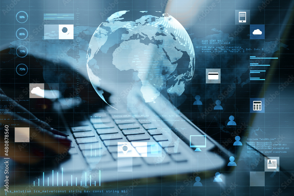 Poster Close up of hands using laptop on desktop with abstract digital social globe grid hologram on blurry background. Technology, data, information and connection concept. Double exposure.