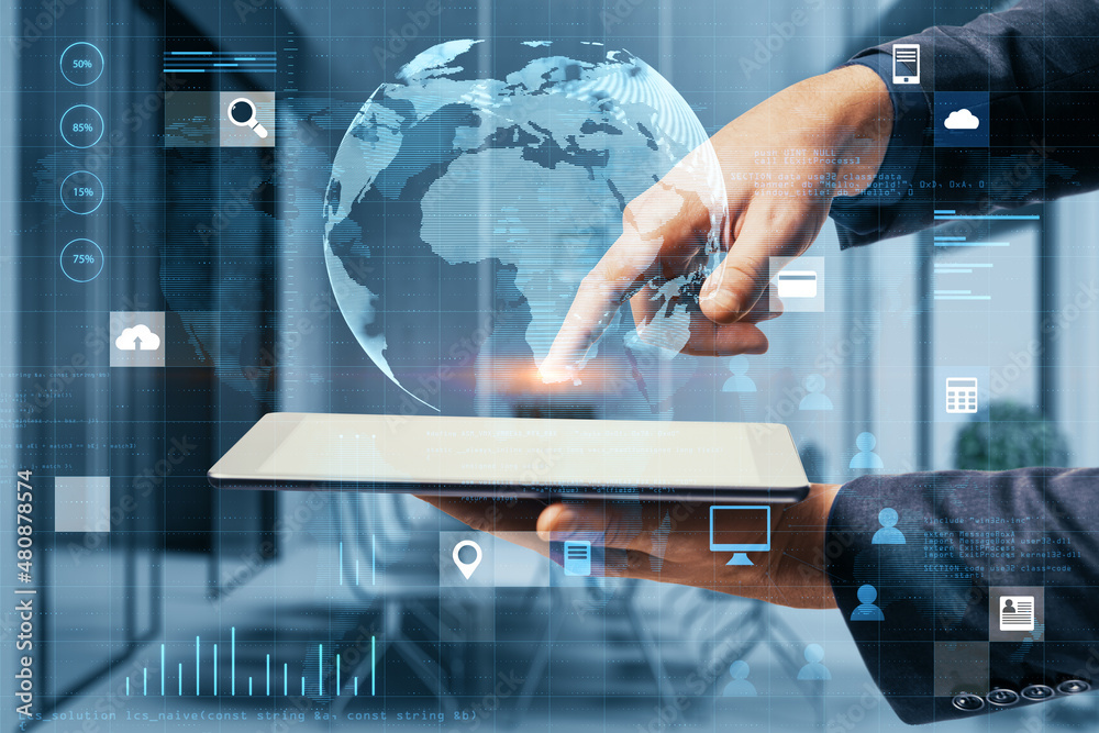 Poster Close up of businessman hand pointing at pad with abstract digital social globe grid hologram on blurry office interior background. Technology, data, information and connection concept. 