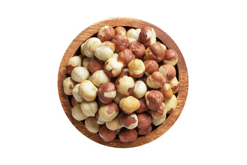hazelnut peeled roasted in wooden bowl isolated on white background. Vegan food, top view.