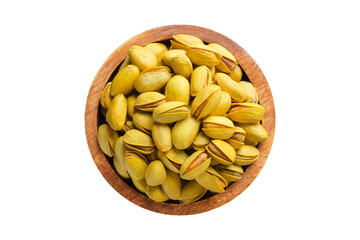 shelled pistachios, roasted nuts with saffron in wooden bowl isolated on white background. Vegan food, top view.