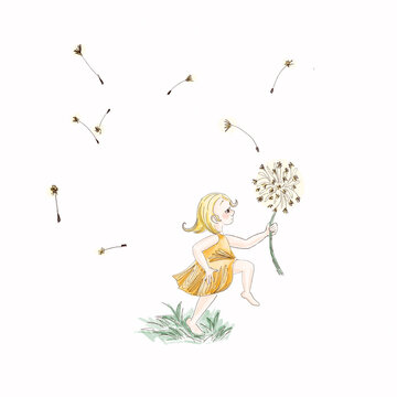 Digital illustration. A cute cartoon summer girl in a yellow airy dress is jumping with a big dandelion in her hand, dandelion fluffs scatter and float in the air around the girl. Side view.