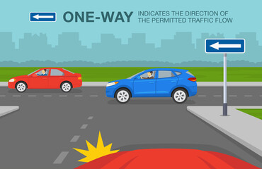 Safety car driving and traffic regulating rules. Car is reaching the intersection with one way direction. Sign indicates the direction of permitted traffic flow. Flat vector illustration template.