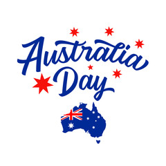 Obraz na płótnie Canvas Australia Day lettering and Australian map with flag. Map of Australia with the decoration of the national flag and greeting text. Vector illustration