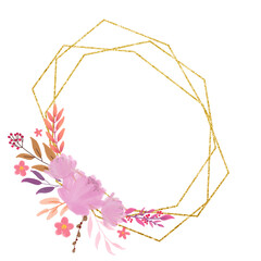 Flower arrangement and gold frame. Illustration for postcards, invitations. valentine's day.