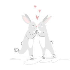 Two cute grey hares on skates for Valentine's Day. Vector hand-drawn illustration on a white background for postcards, prints, greetings