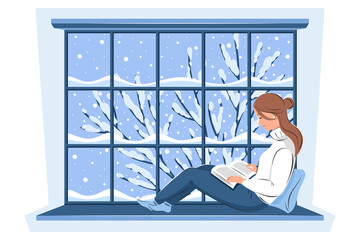 Woman reading book and sitting at the winter window. Cozy winter vector illustration