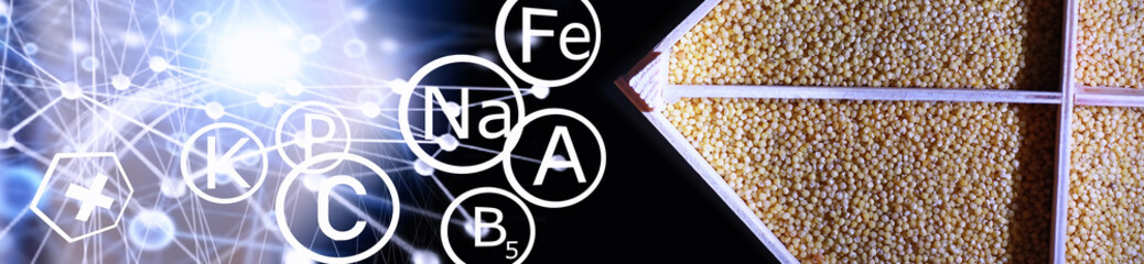 A set of grain cereals. Rice, buckwheat and millet groats in a wooden tray. A grocery set of cereals. Import of grain.