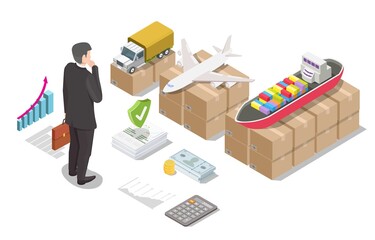 Fototapeta Businessman choosing cargo shipping and logistic company. Sea, air, road freight delivery, vector isometric illustration obraz