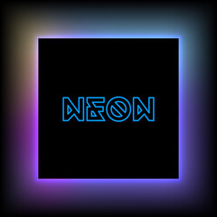 Neon background with black square in the center and text. Shiny violet neon light frame. Vector design template