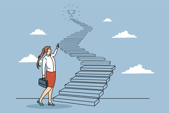Business success and development concept. Young positive business woman with case standing looking at ladder with main trophy prize on top feeling confident vector illustration 