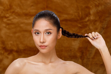 Half body Portrait of 20s Fashion Indian Woman honey clean skin has beautiful black hair style