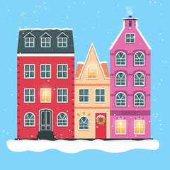 Winter snow houses, vector illustration, minimalism, 1:1 square, background free, cartoon style, snow town, street