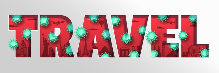Coronavirus pandemic global travel typography vector banner template. Covid-19 travel rules and restrictions.