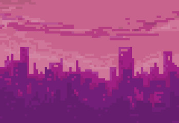 Fototapeta na wymiar Illustration of futuristic cityscape with vapor colours in pixel art style