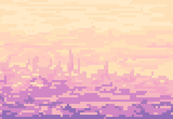 Abstract background landscape with colorful sunset in pixel art style