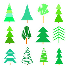 Obraz premium Colorful trees and christmas trees on white. Set for icons on isolated background. Geometric art. Objects for polygraphy, posters, t-shirts and textiles