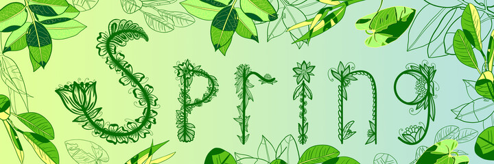 Green leaves and the inscription spring on a gradient background. Spring natural banner. Outline drawing.