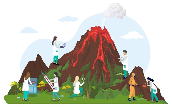 Scientists volcanologists studying volcano and volcanic activity or eruption, vector illustration. Volcanology.