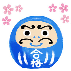 受験応援　青い合格だるまと桜のイラスト