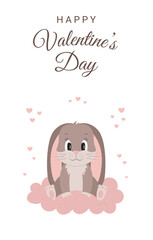 Happy Valentine's day greeting card with cute rabbit, cloud, hearts and text. Cartoon illustration in flat style.