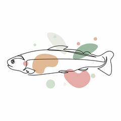 Continuous one simple single abstract line drawing of freshly fish trout icon in silhouette on a white background. Linear stylized.