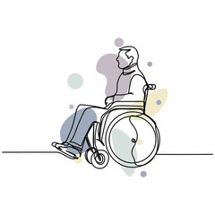 Continuous one simple single abstract line drawing of man in wheelchair icon in silhouette on a white background. Linear stylized.