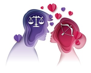 Couple with Libra, Sagittarius horoscope signs, vector paper cut illustration. Love compatibility between Zodiac signs. - obrazy, fototapety, plakaty