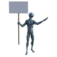 Humanoid alien showing blank board. Isolated on white background. 3D rendering illustration.